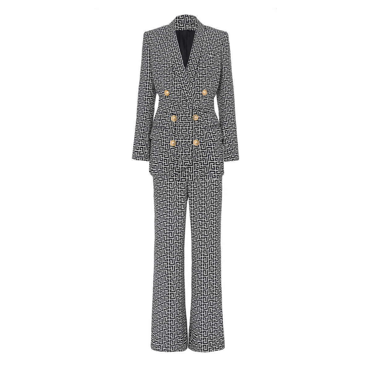 A two-piece blazer suit with a geometric pattern in gray and black, featuring a straight-cut design, gold-tone buttons, and pants to match.