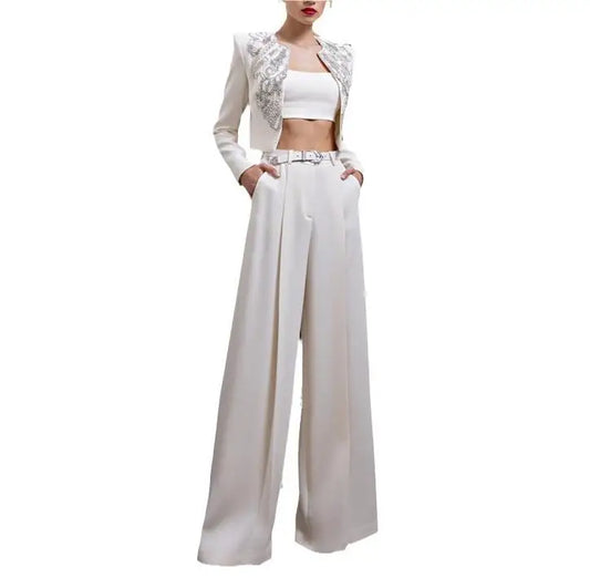 Boss Babe Rhinestone Beading Short Blazer Loose Pants 2Pcs