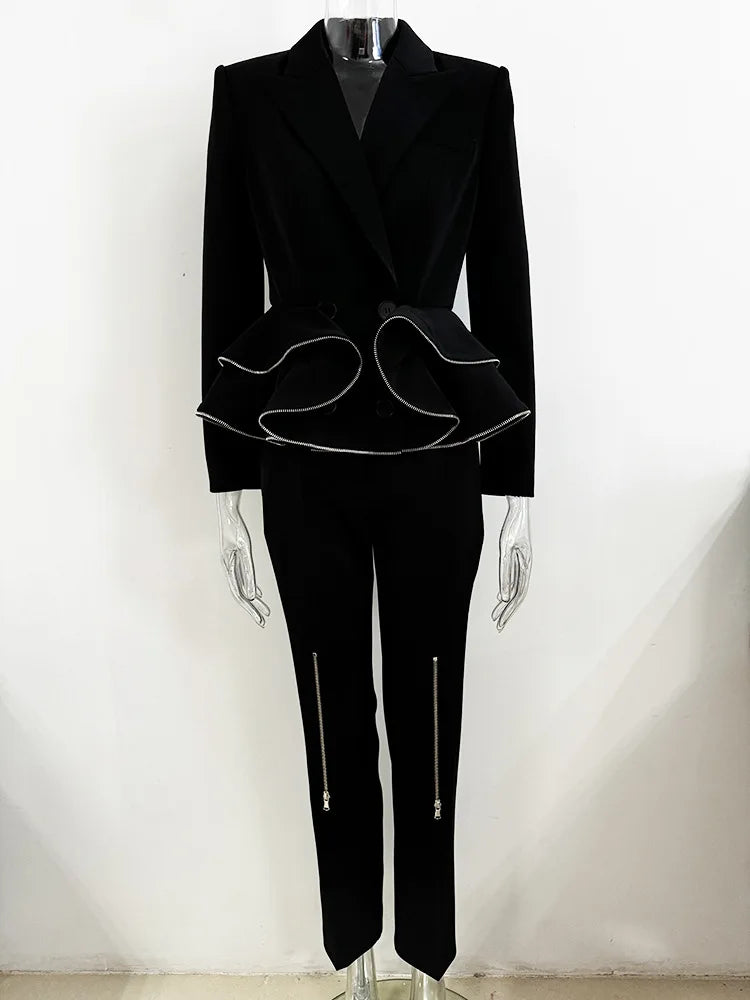 Boss Babe Ruffles Zipper Blazer Pencil Pants 2Pcs Set
